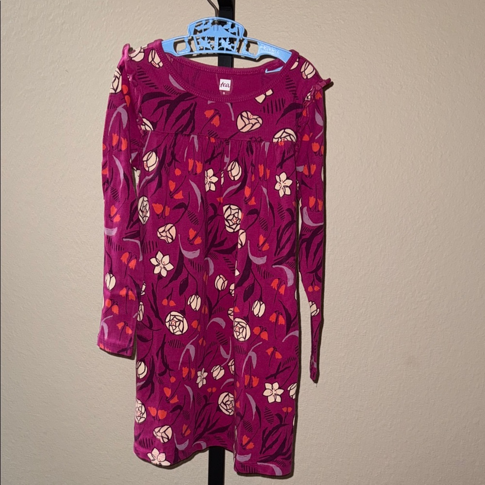 Tea Collection Magenta All Over Floral Long Sleeve Ruffles Dress Girl’s Size 5